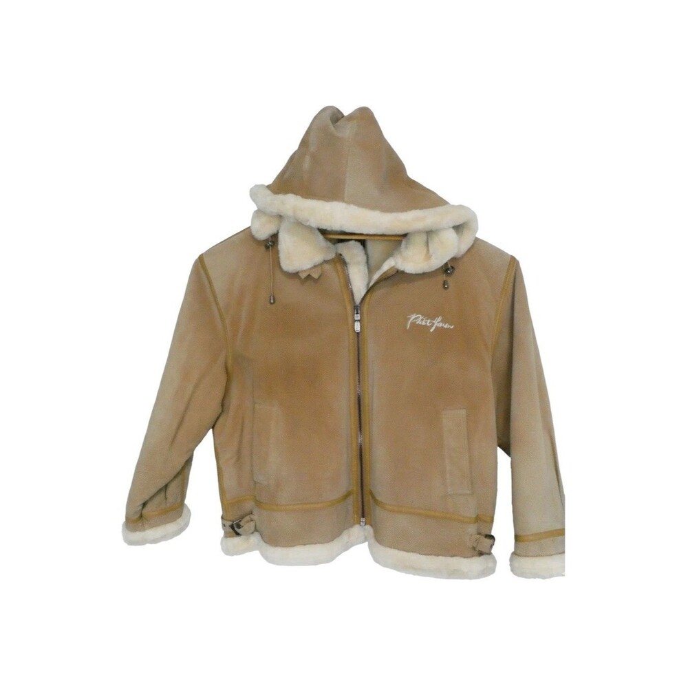 Vtg Phat Farm Suede Bomber Jacket Men's 5XL Heavy Faux Fur Lined Tan Leather